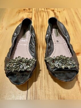 Miu Miu Silver Flats with Crystal Embellishments